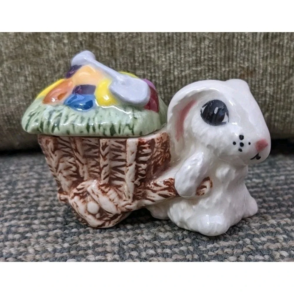 Vtg Mini Ceramic Easter Bunny Rabbit With Wagon Jelly Bean Egg Cart Trinket Dish